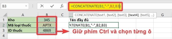 Nhập công thức =CONCATENATE(ô1, ô2, ô3, …)