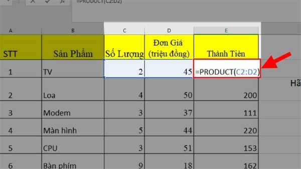 Nhập công thức: =PRODUCT(C2:D2)