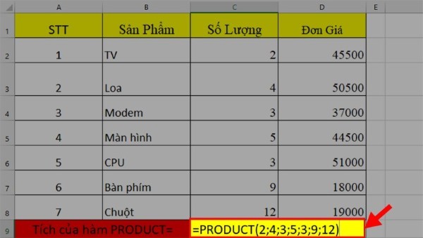 Nhập công thức:  =PRODUCT(2,4,3,5,3,9,12)