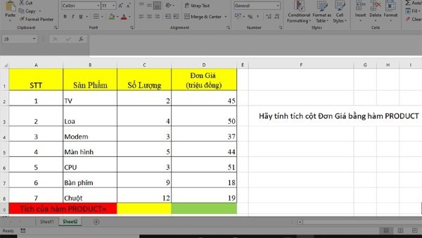 Ví dụ tính giá trị trong cột D2:D8