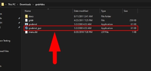 Giải nén bộ Grub4dos và mở file grubinst_gui.exe