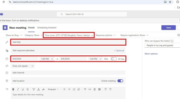Điền các thông tin thiết lập thông tin cuộc họp