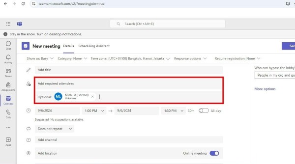 Chọn mục Add required attendees để thêm người vào cuộc họp