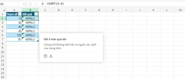 Việc tham chiếu toàn bộ cột sẽ gây ra lỗi #SPILL!