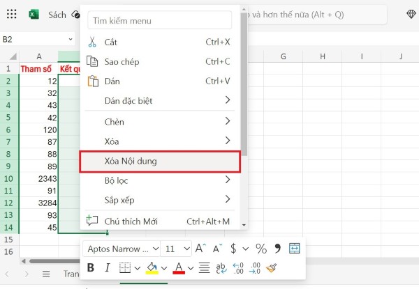 Chọn xóa dữ liệu trong phạm vi