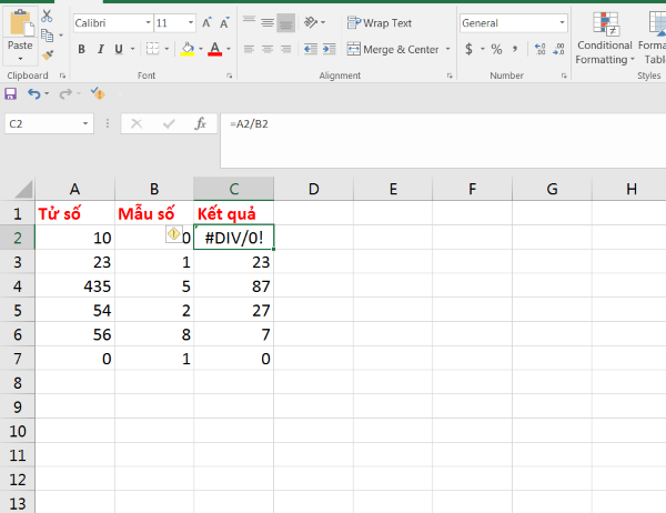 Lỗi chia cho 0 #DIV/0!