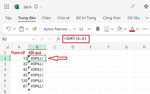 Nếu công thức trả về quá nhiều giá trị sẽ thông báo lỗi #SPILL