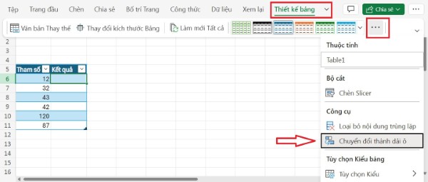 Chọn chuyển đổi thành dải ô