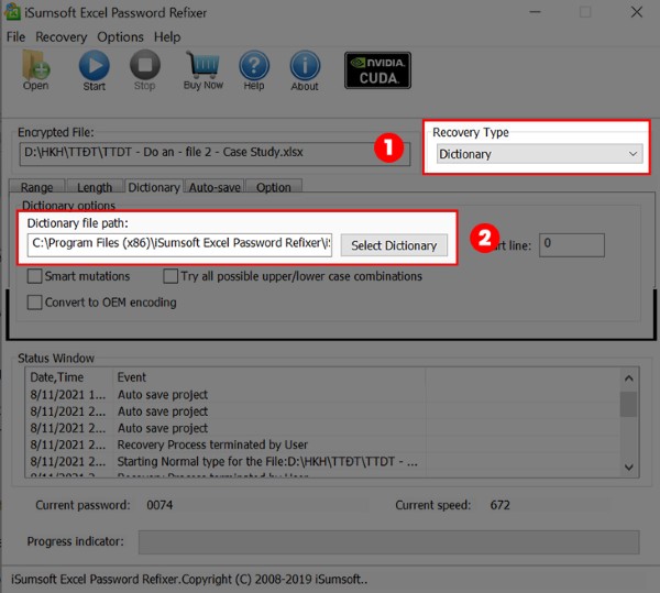 Chọn Dictionary để khôi phục mật khẩu nhanh hơn