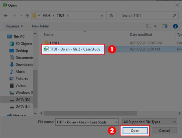 Chọn file Excel → nhấn Open