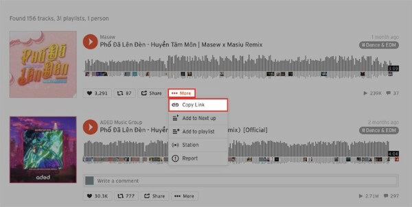 Chọn Copy Link để lấy URL bài hát
