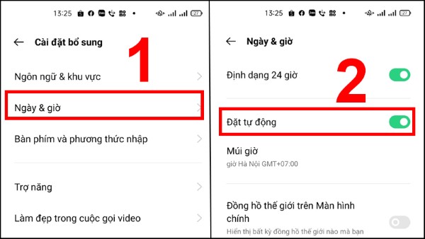 Mở Cài đặt → chọn Ngày & giờ > bật Ngày giờ tự động 