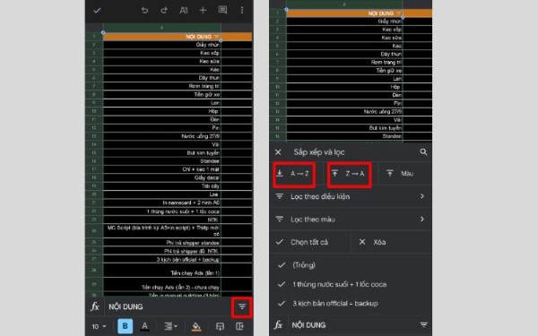Chọn SORT A-Z hoặc SORT Z-A