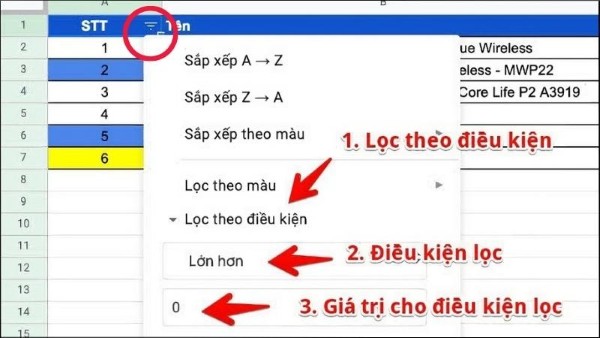 Thiết lập lọc theo điều kiện