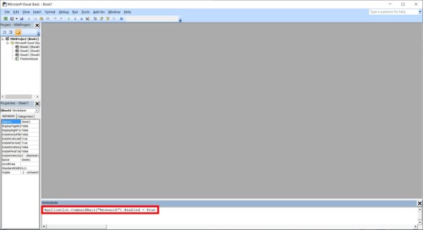 Nhập lệnh bật Research trong Excel
