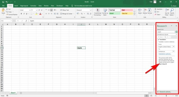 Những lưu ý khi tắt và sử dụng Research trong Excel