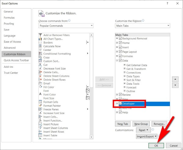 Đánh dấu vào ô Developer → nhấn OK