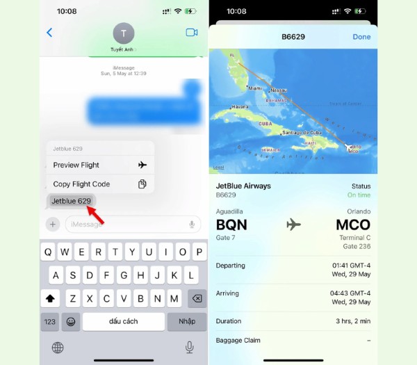 Gửi thông tin qua iMessages với cú pháp gồm “tên hãng hàng không” và “mã chuyến bay”