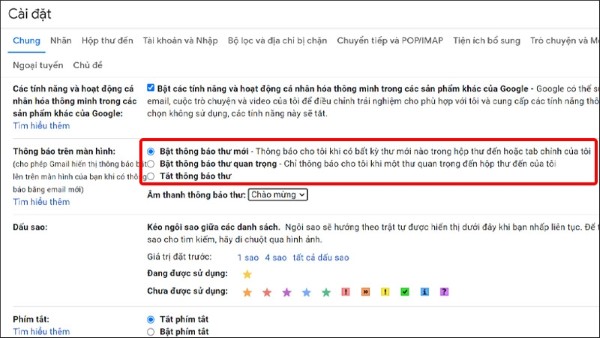 Tùy chọn thiết lập Cấp độ thông báo trên màn hình