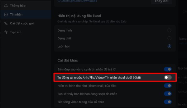 Tắt tự động tải File dưới 30MB