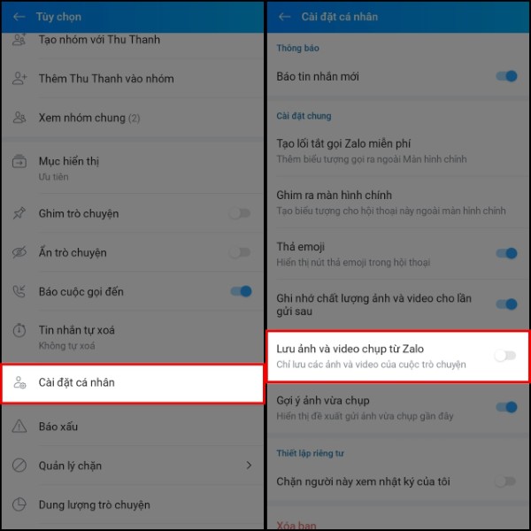 Tắt mục Lưu ảnh và video chụp từ Zalo