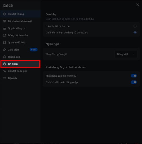 Mở Cài đặt Tin nhắn