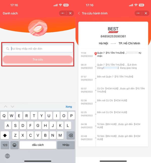 Điền mã vận đơn cần tra cứu