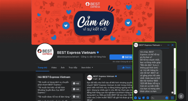 Nhắn tin tới trang Facebook chính thức của Best Express