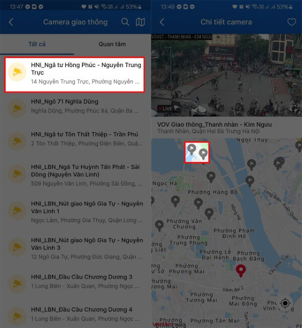Nhấn biểu tượng camera tại tuyến đường muốn xem