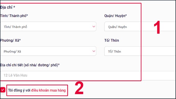 Điền địa chỉ giao hàng và nhấn đồng ý điều khoản mua hàng