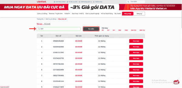 Nhập đầu số “039” → Nhấn Tìm kiếm 