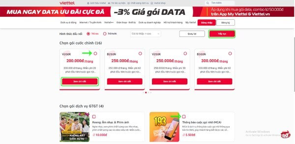 Chọn gói dịch vụ GTGT nếu muốn