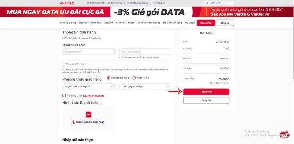 Điền thông tin cá nhân và chọn phương thức thanh toán