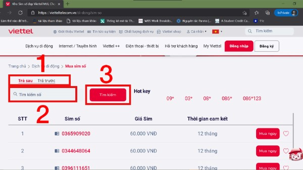 Lựa chọn SIM phù hợp rồi nhấn Tìm kiếm