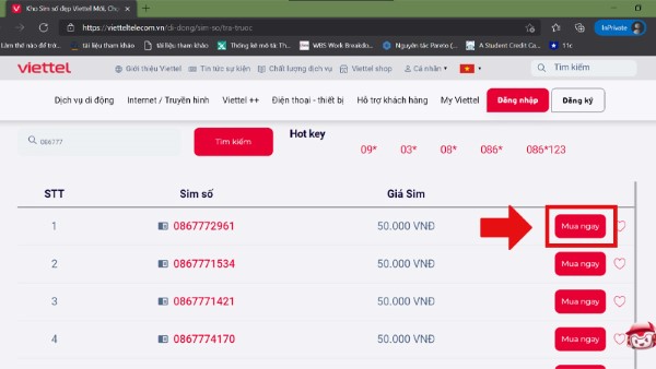 Chọn số thuê bao và nhấn Mua ngay