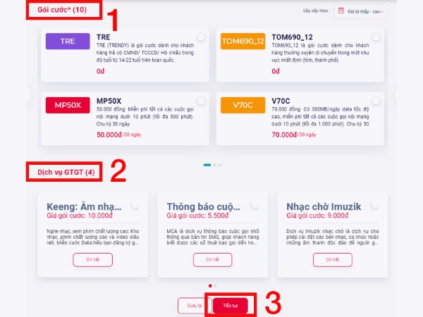 Chọn gói phù hợp với nhu cầu → nhấn Tiếp tục