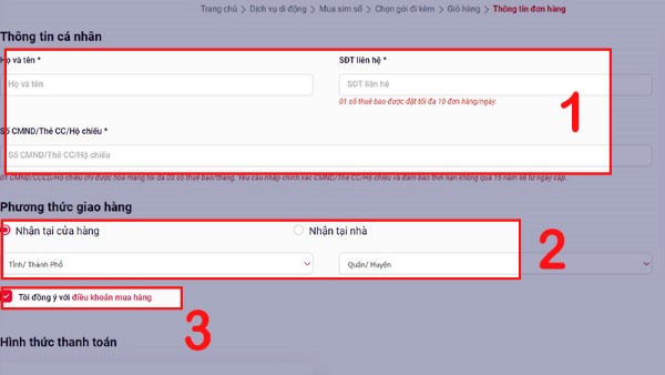 Điền thông tin cá nhân và chọn phương thức giao hàng
