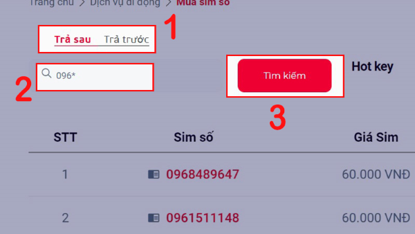 Chọn loại SIM và nhấn Tìm kiếm