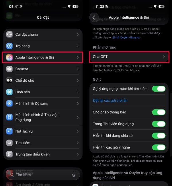 Chọn Apple Intelligence & Siri → ChatGPT