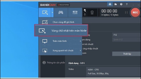 Bandicam cho phép chọn vùng quay trên màn hình linh hoạt