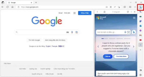 Nhấn biểu tượng Bing trên thanh công cụ bên phải