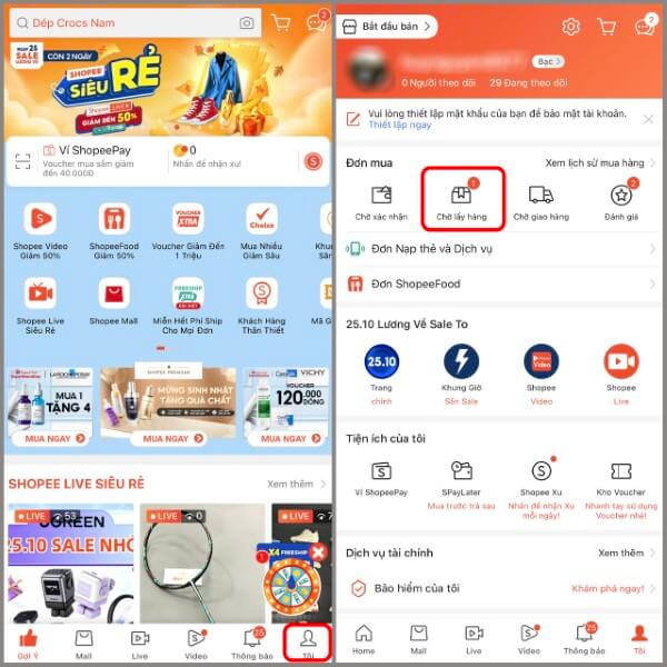 Chọn Chờ lấy hàng