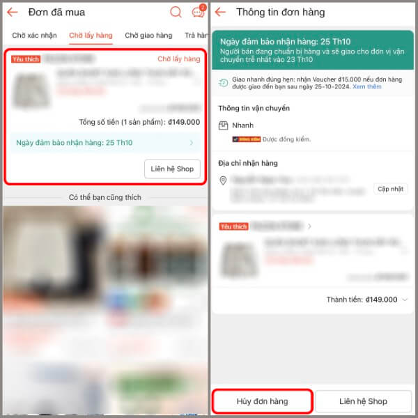 Nhấn Hủy đơn hàng