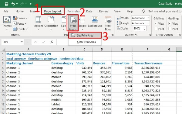 Chọn Page Layout → Print Area → Set Print Area
