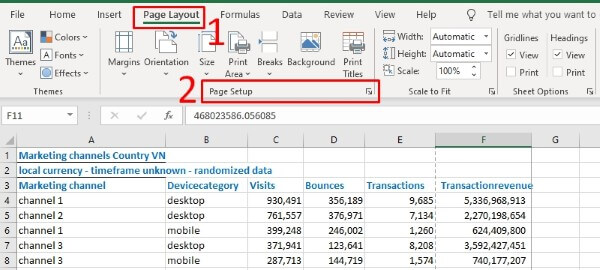 Mở Page Layout → Page Setup 