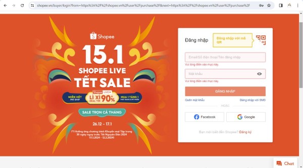 Truy cập vào trang web và đăng nhập tài khoản Shopee