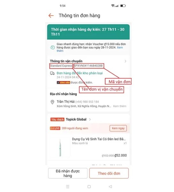 Sao chép mã vận đơn từ Shopee