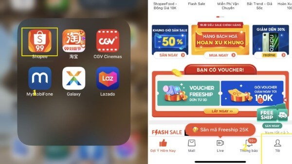 Mở app Shopee > nhấn vào mục “Tôi”