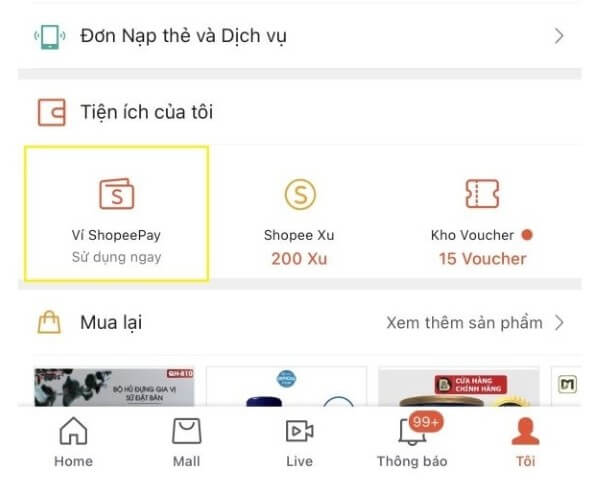 Nhấn chọn “Ví ShopeePay”