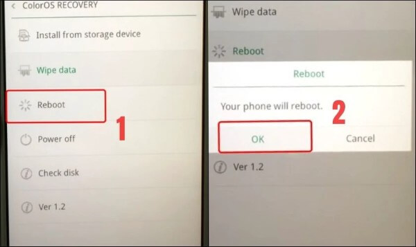 Chọn Reboot để khởi động lại máy